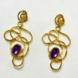 Vintage Avon 1992 Golden Web Purple Lucite Cabochon Dangle Modernist Earrings